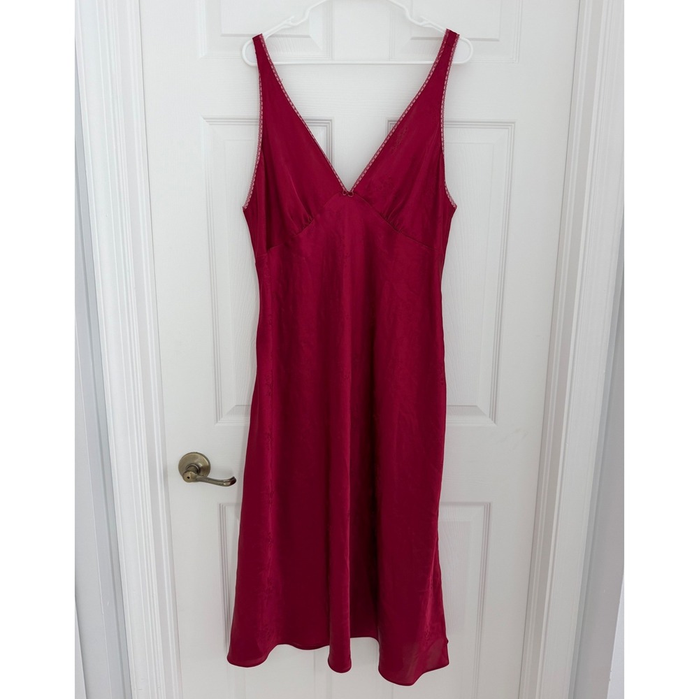 Vintage 90s Y2K Jones New York Red Satin Lingerie Slip Midi Dress V-Neck Gown XL